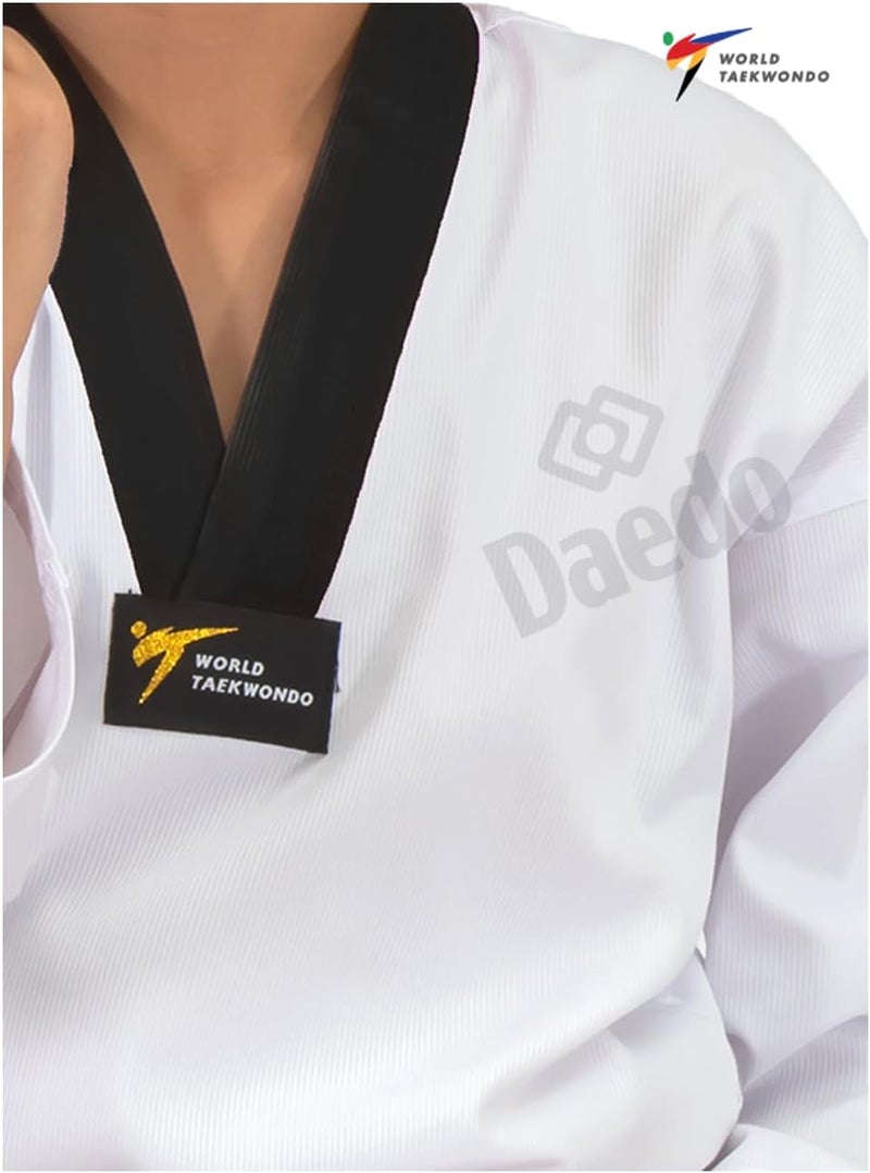 Dae Do Taekwondo Uniform - Black Neck, WT Recognized, Ribbed Polyester, Includes Pants & Top with Embroidered Taekwondo - Image 3